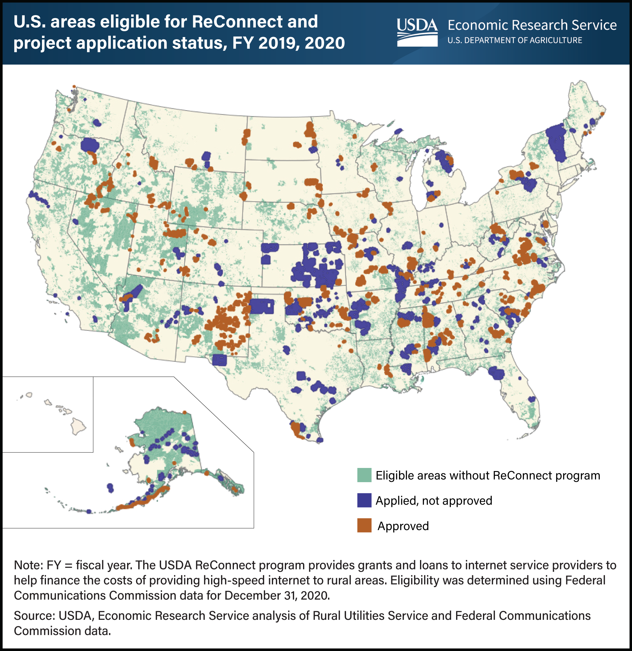 U.S. map showing areas eligible for ReConnect their and project application statuses in fiscal years 2019 and 2020.
