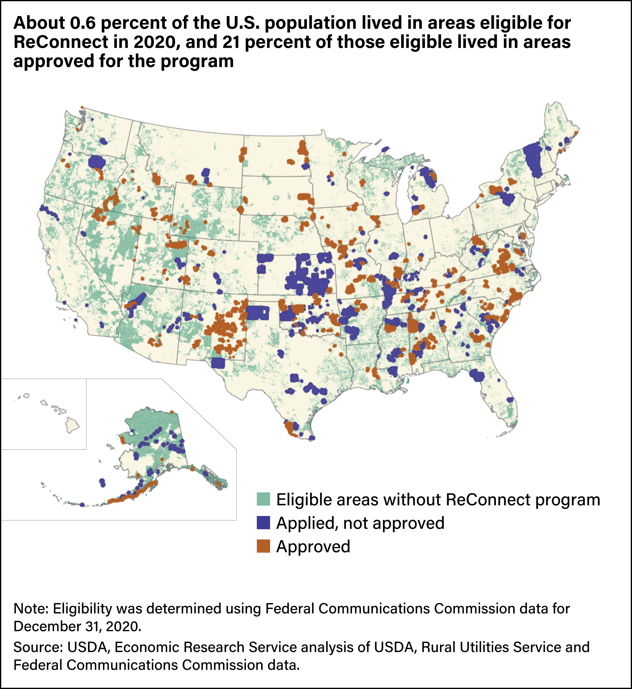 Map of the United States showing areas that applied for ReConnect projects but were not approved, areas that applied and were accepted, and eligible areas without ReConnect projects.