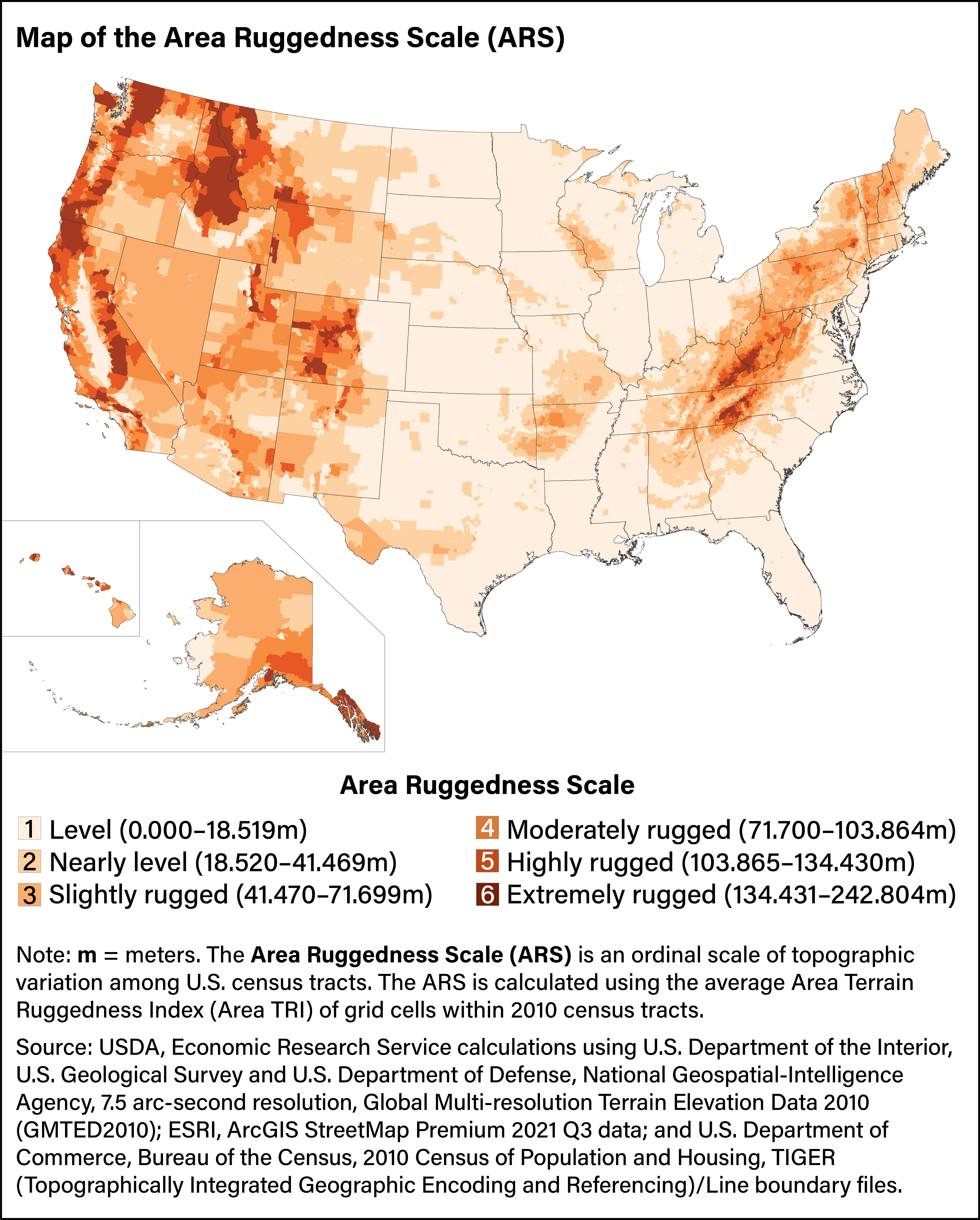 Map of the United States showing the six levels of the Area Ruggedness Scale.