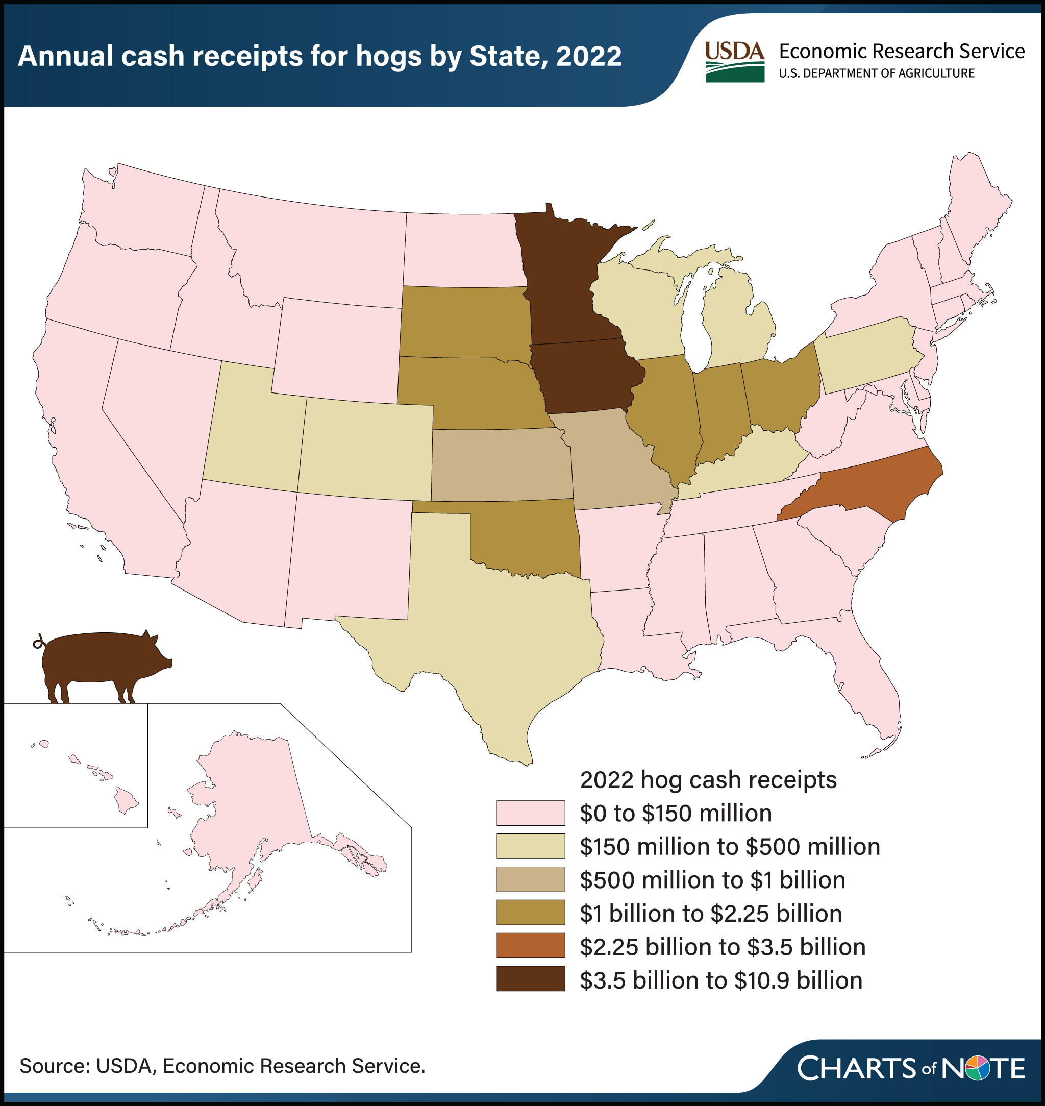 U.S. map showing annual cash receipts for hogs by State in 2022.