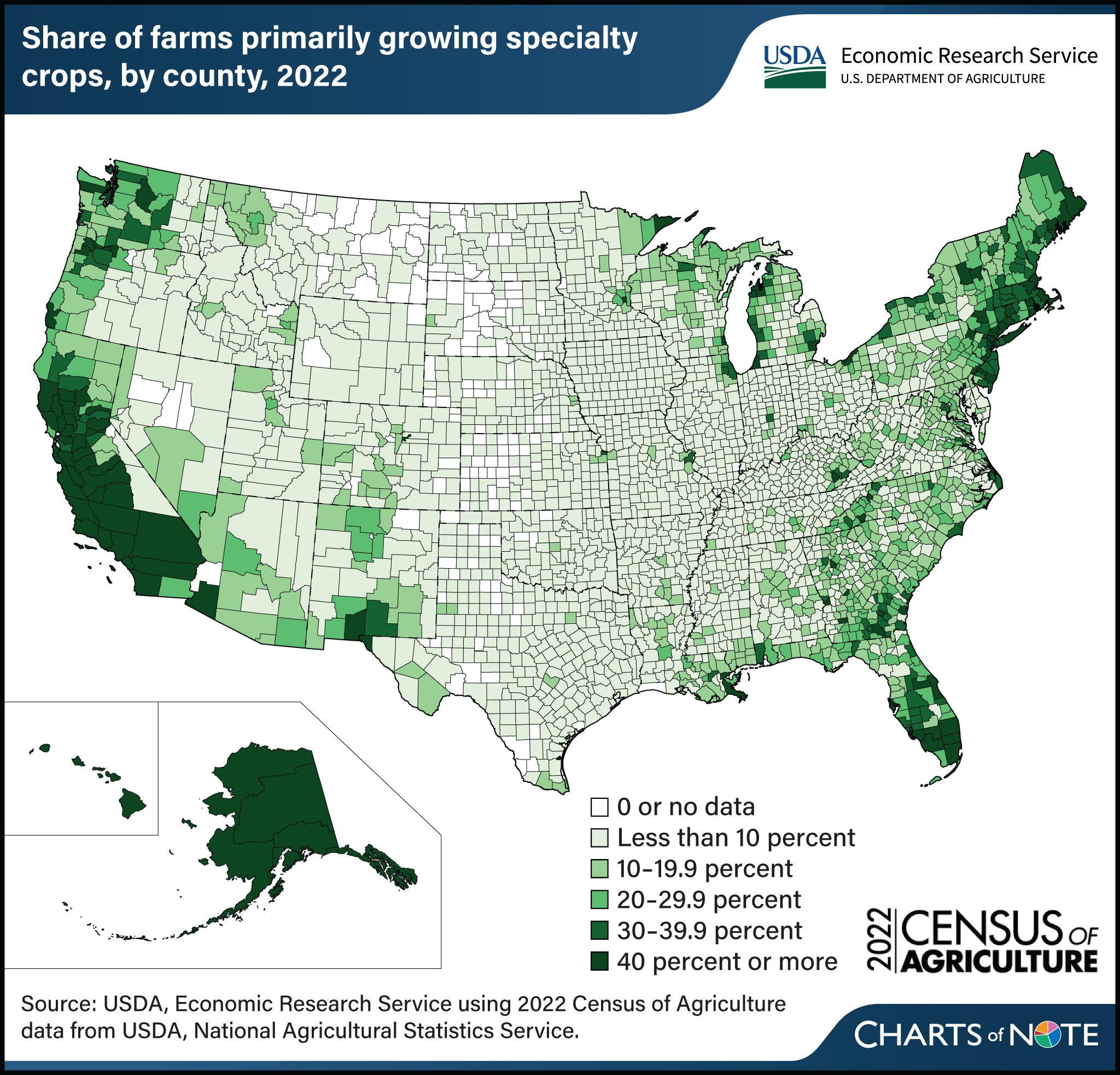 U.S. map showing share of farms primarily growing speciality crops, by county, in 2022.