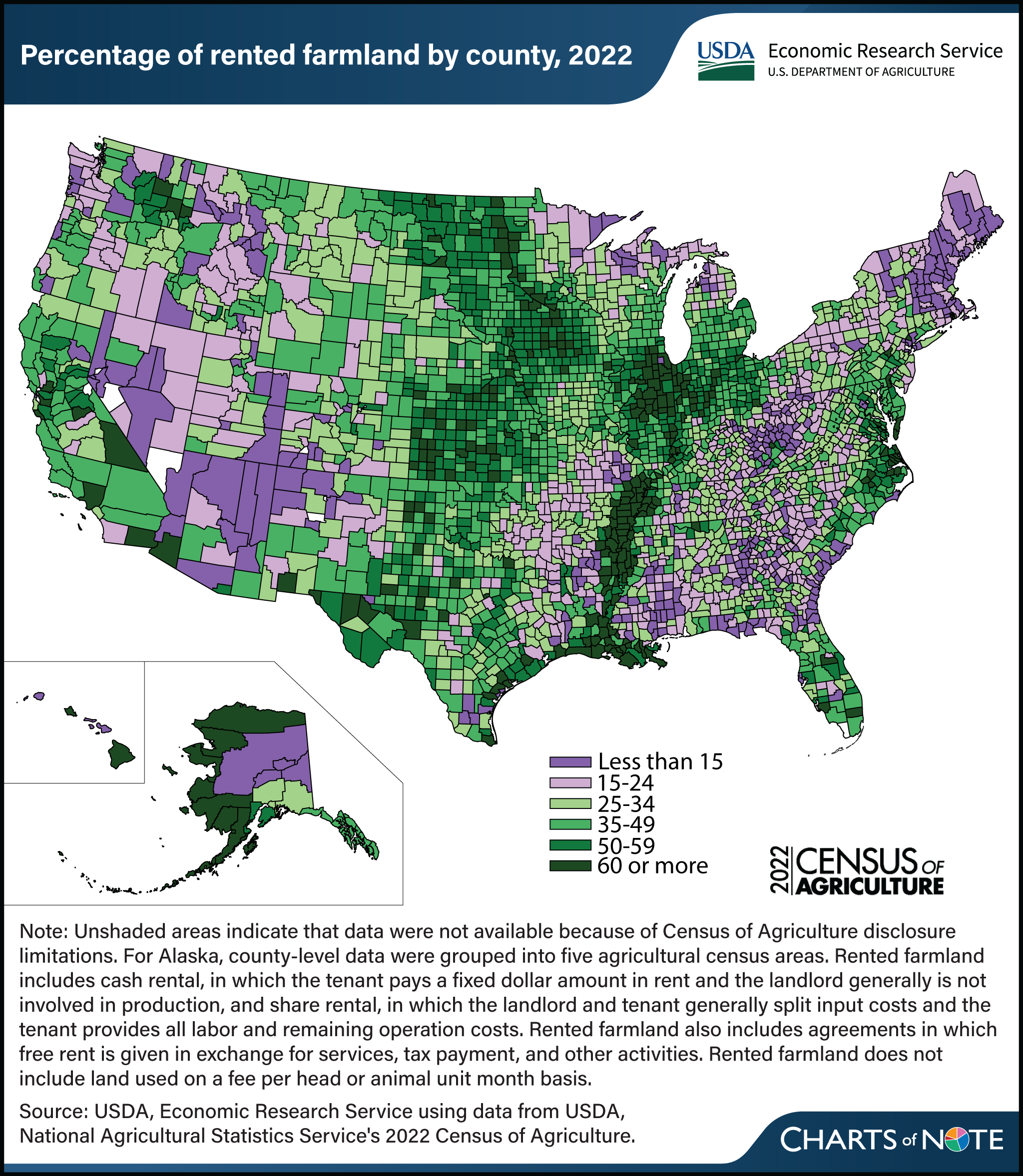 U.S. map showing percentage of rented farmland by county in 2022.