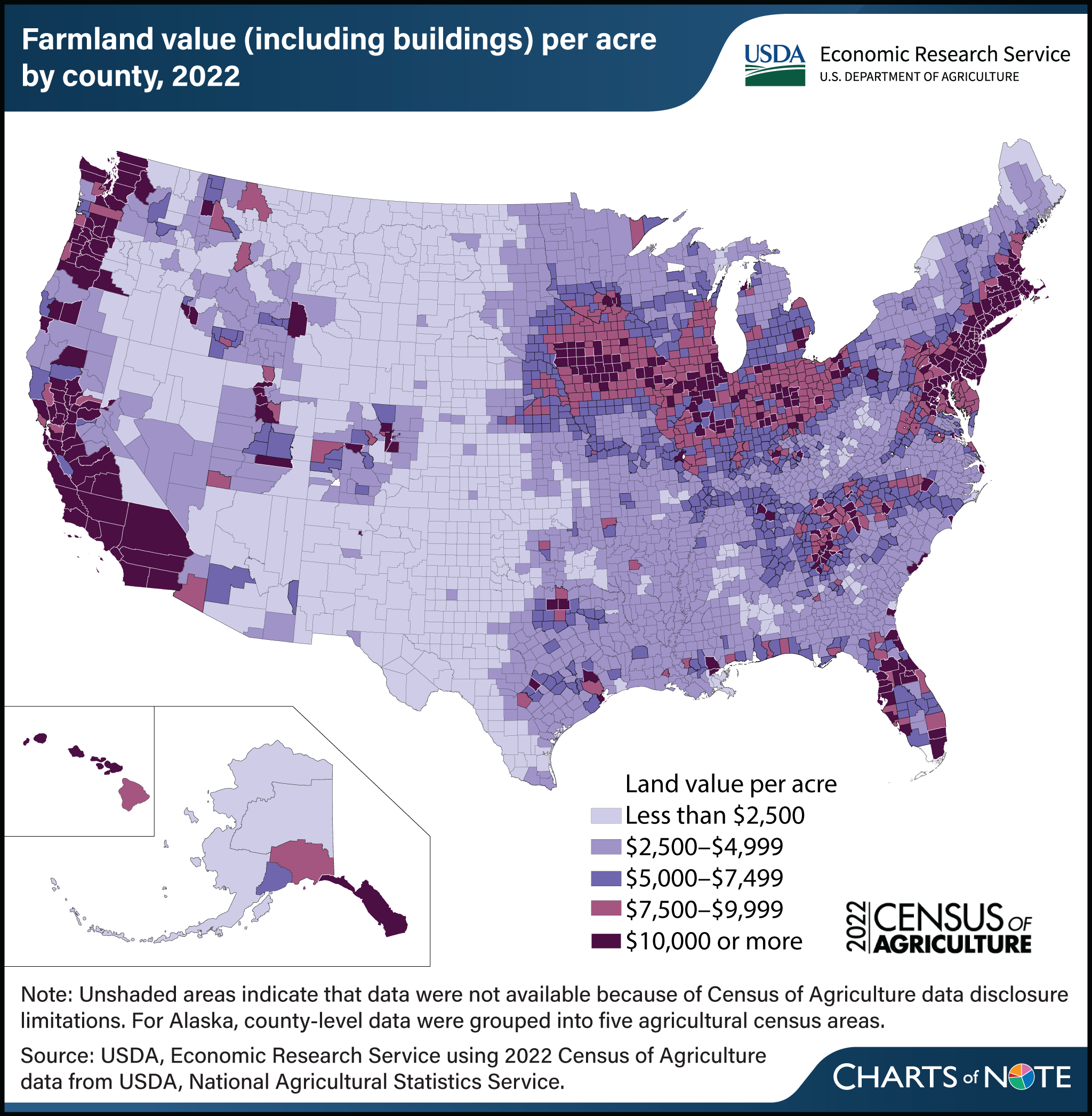 U.S. map showing farmland value, including buildings, per acre by county in 2022.