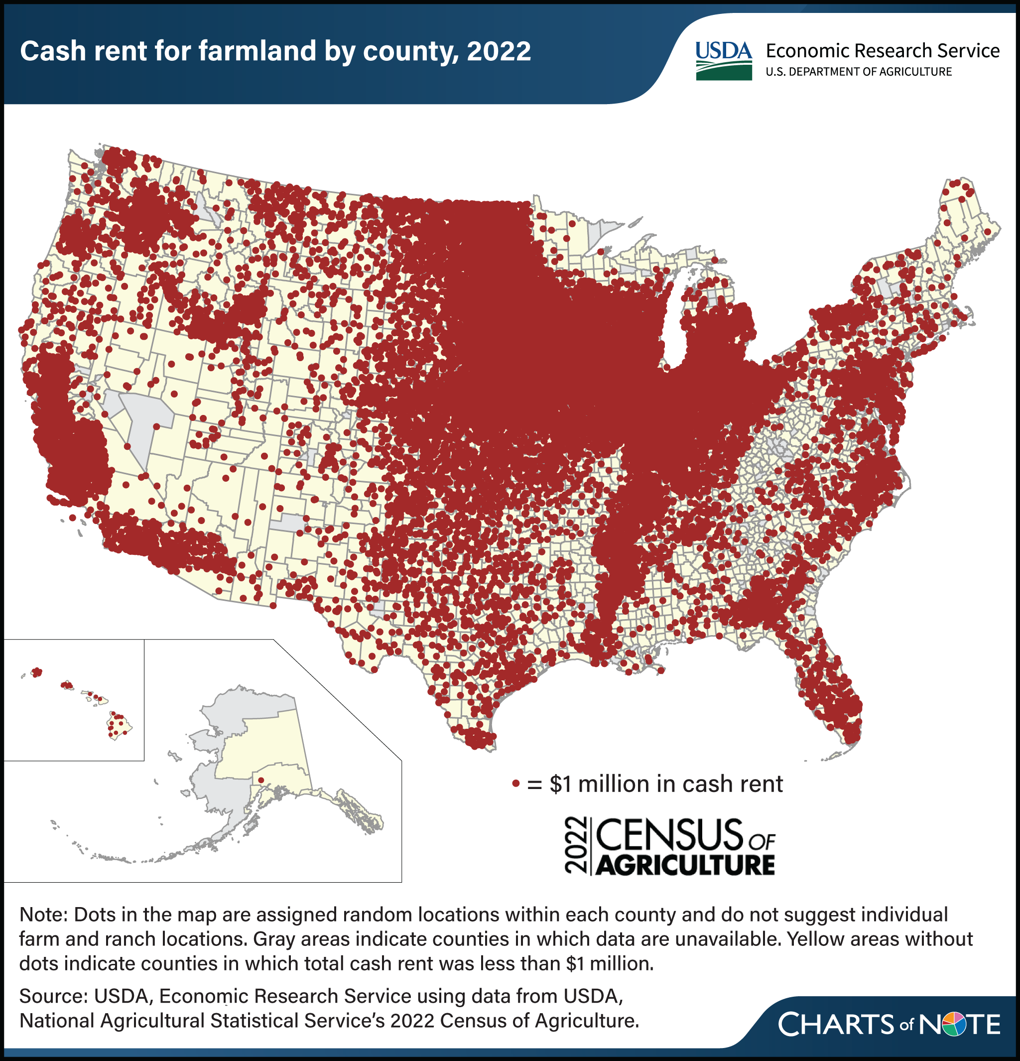 U.S. map showing cash rent for farmland by county in 2022.