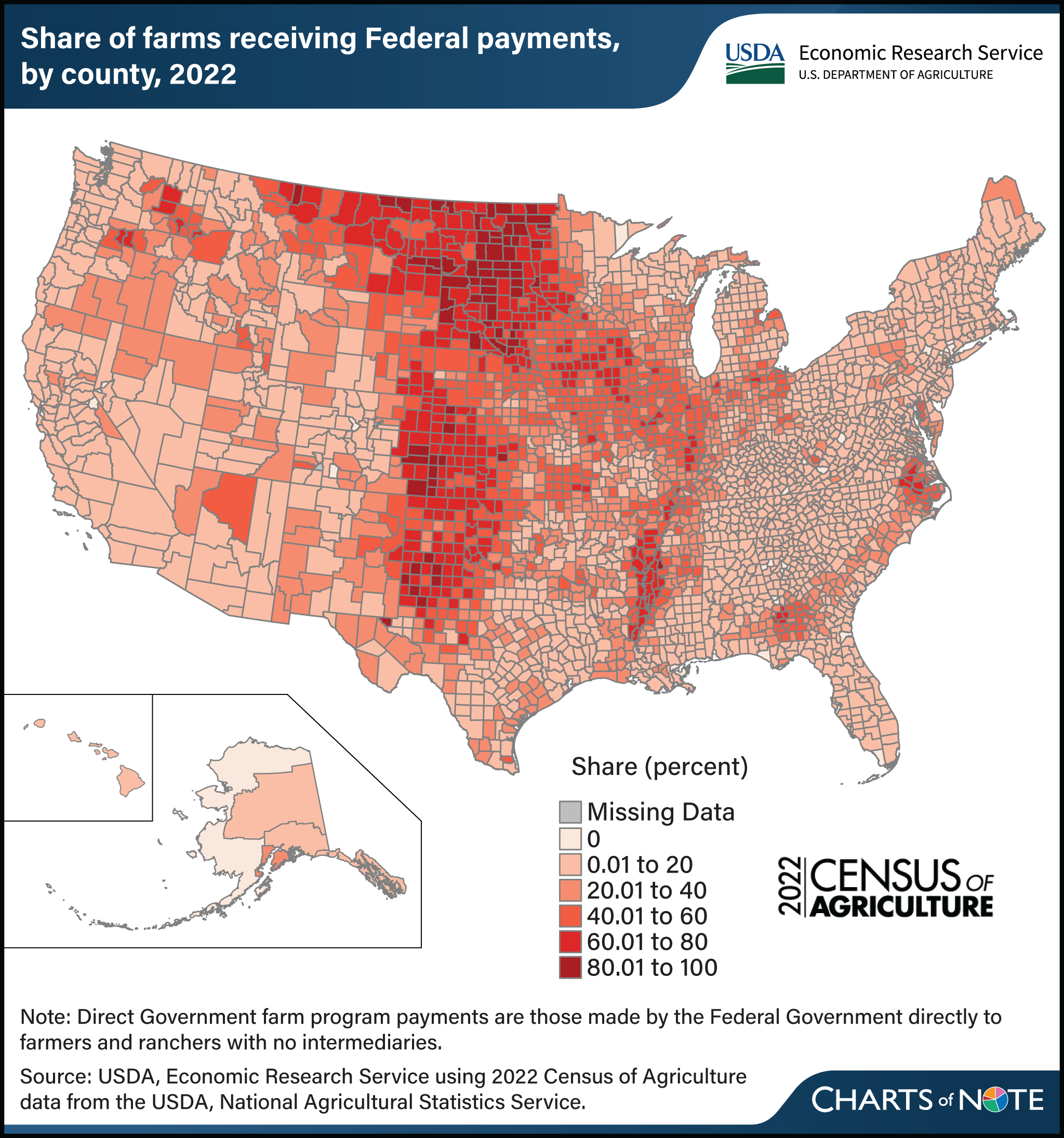 U.S. map showing share of farms receiving Federal payments, by county, in 2022.