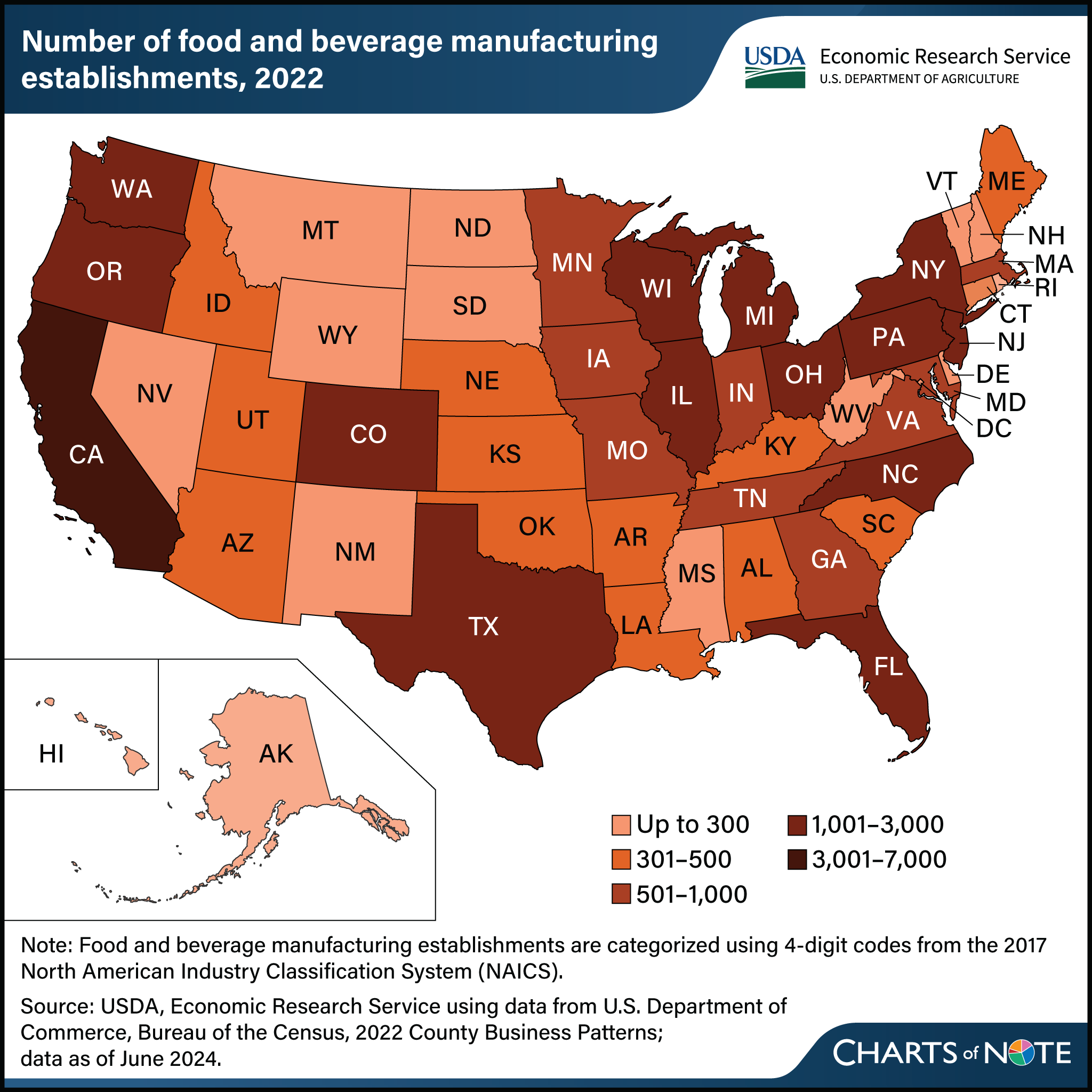 U.S. map showing number of food and beverage manufacturing establishments, by State, in 2022.