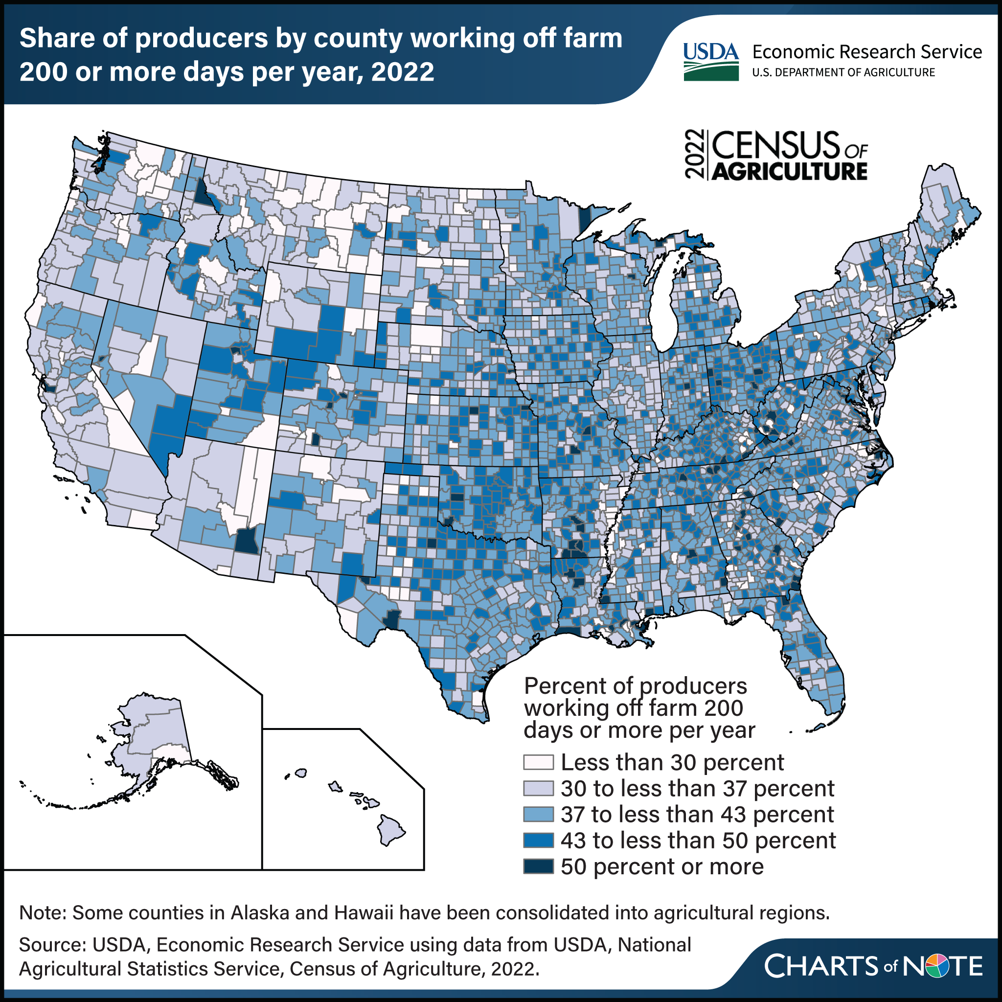 U.S. map showing share of producers, by county, working off farm 200 or more days per year in 2022.