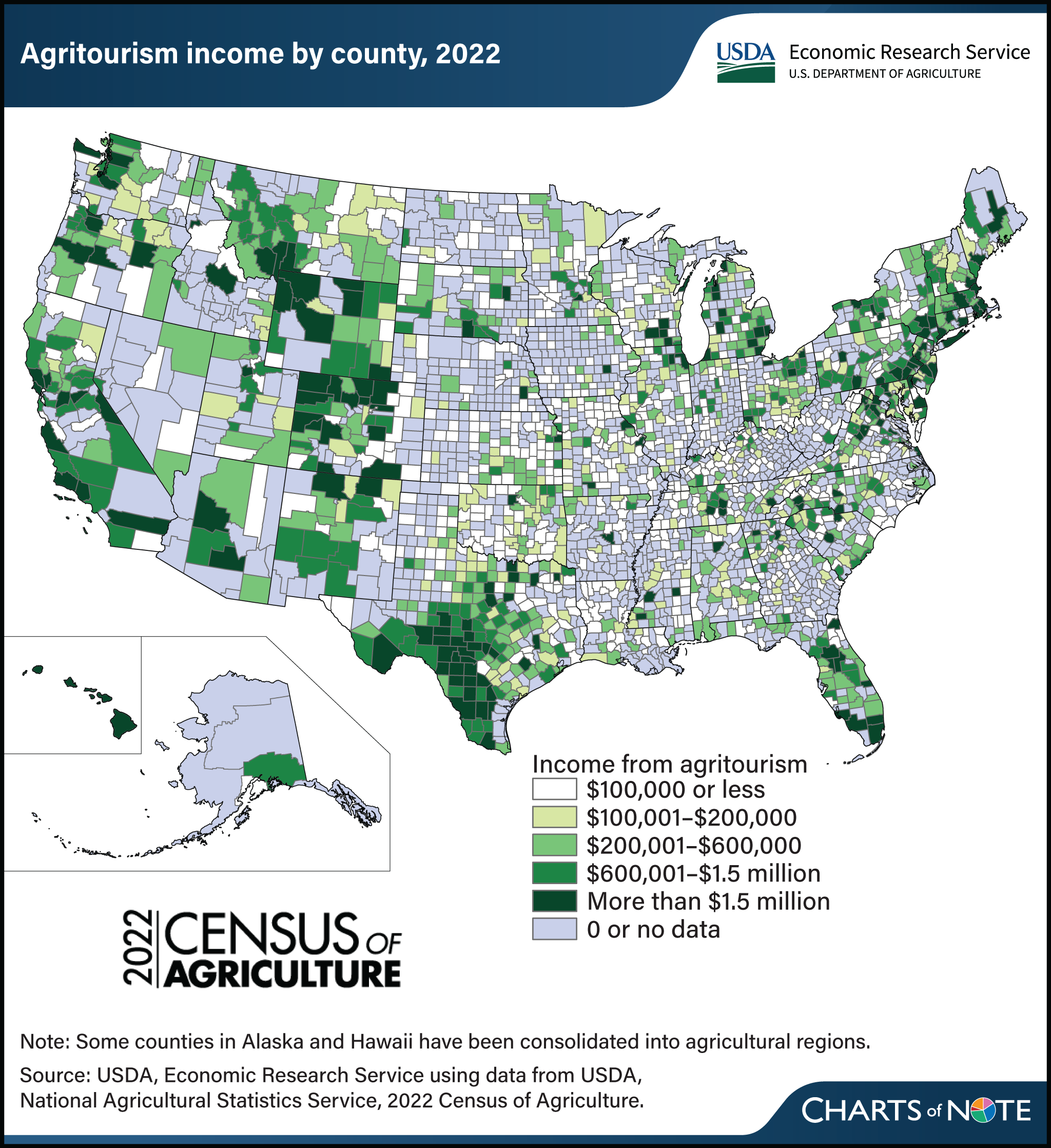 U.S. map showing agritourism by county in 2022.