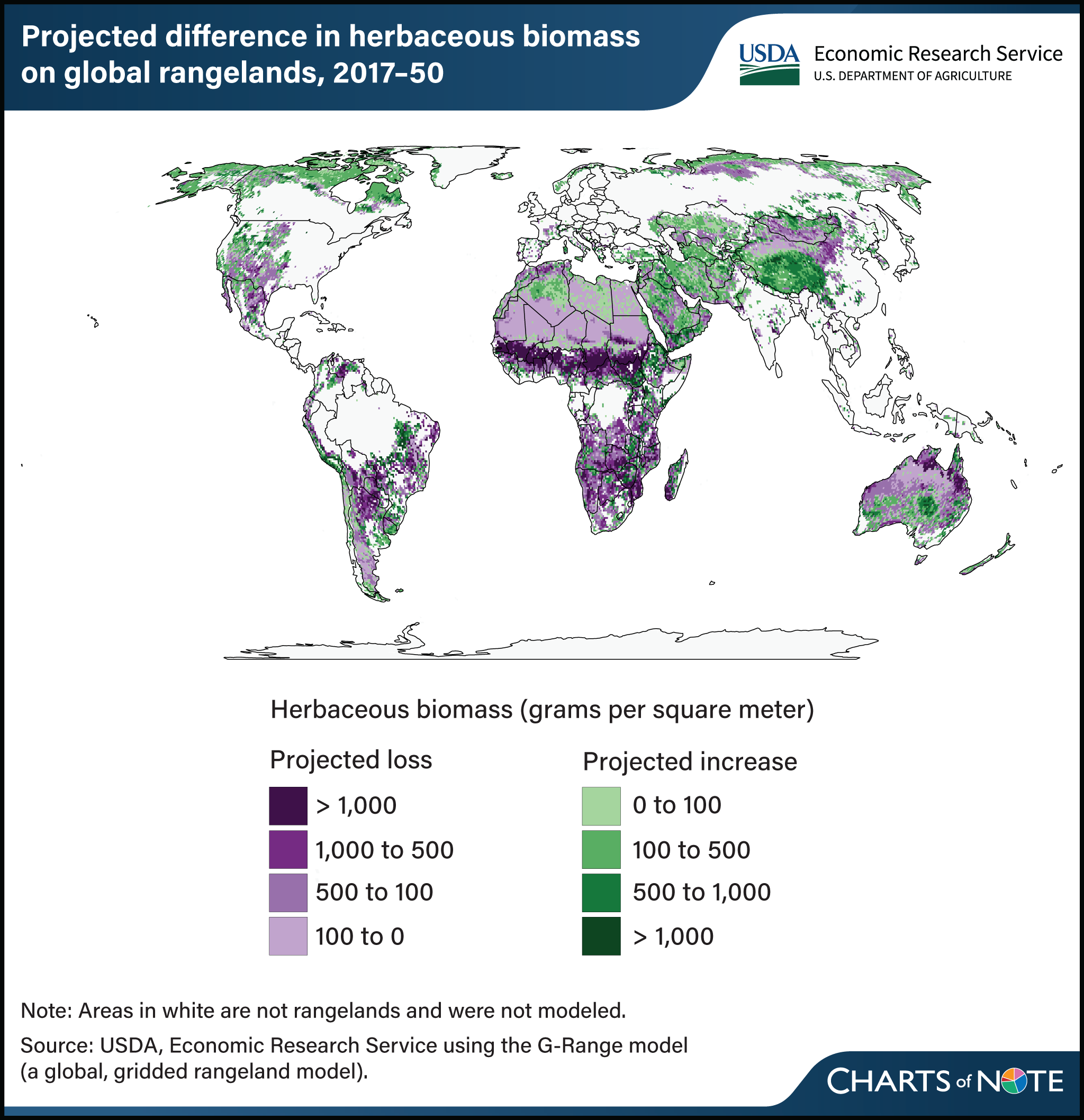 Map showing projected difference in herbaceous biomass on global rangelands from 2017 projected through 2050.