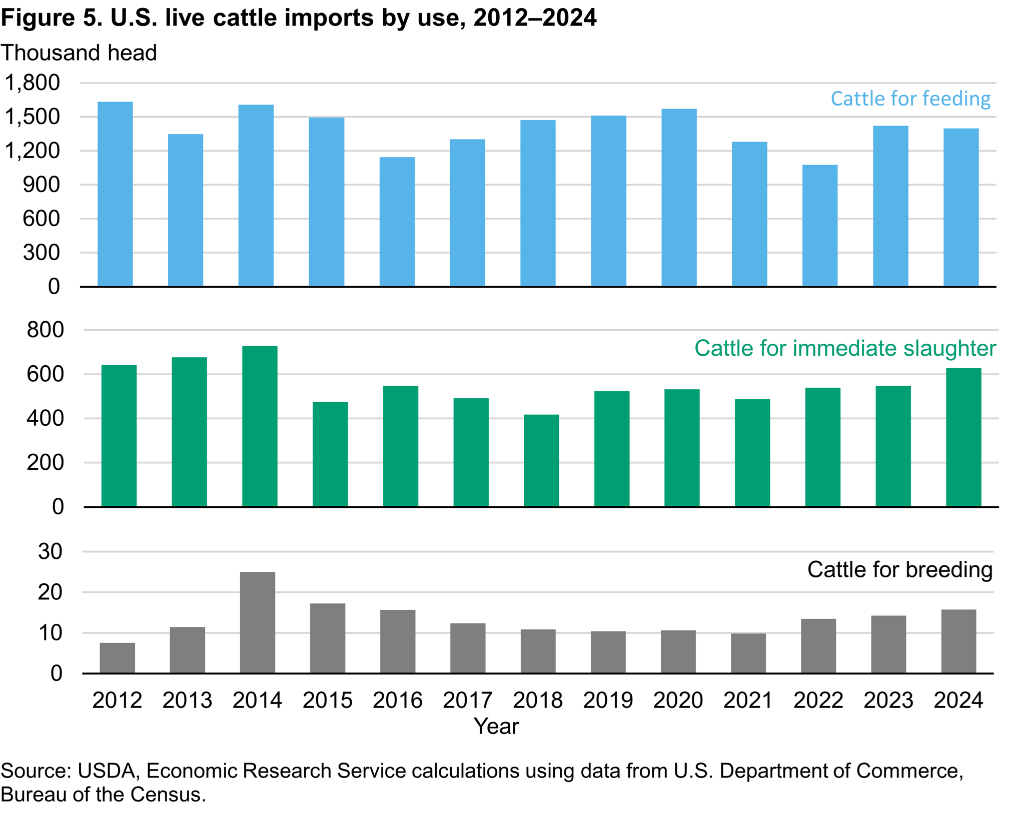 Three bar charts showing U.S. live cattle imports for slaughter, feeding and breeding from 2012–2024