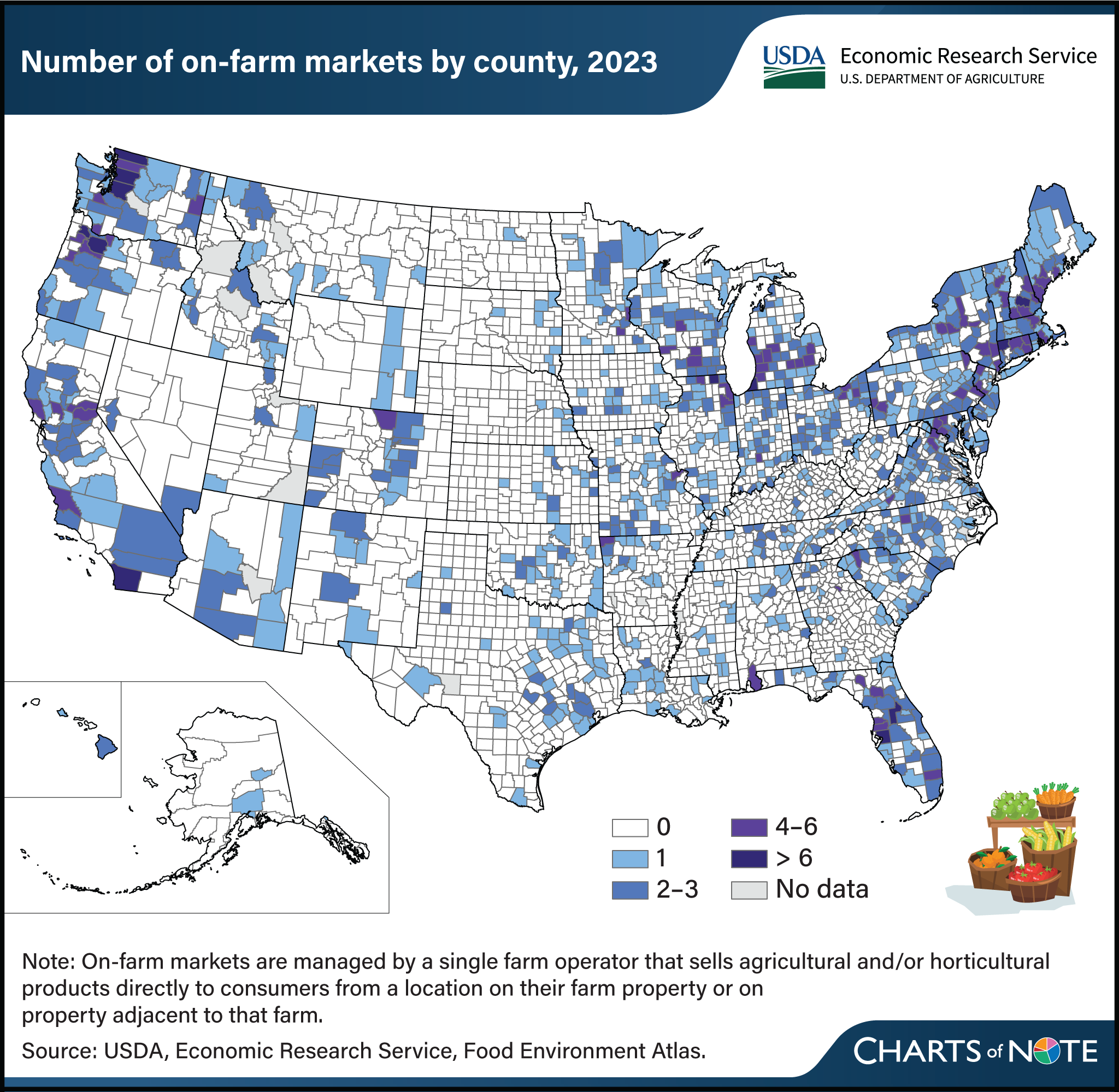 A county map of the United States colored by the number of on-farm markets in each of them in 2023.