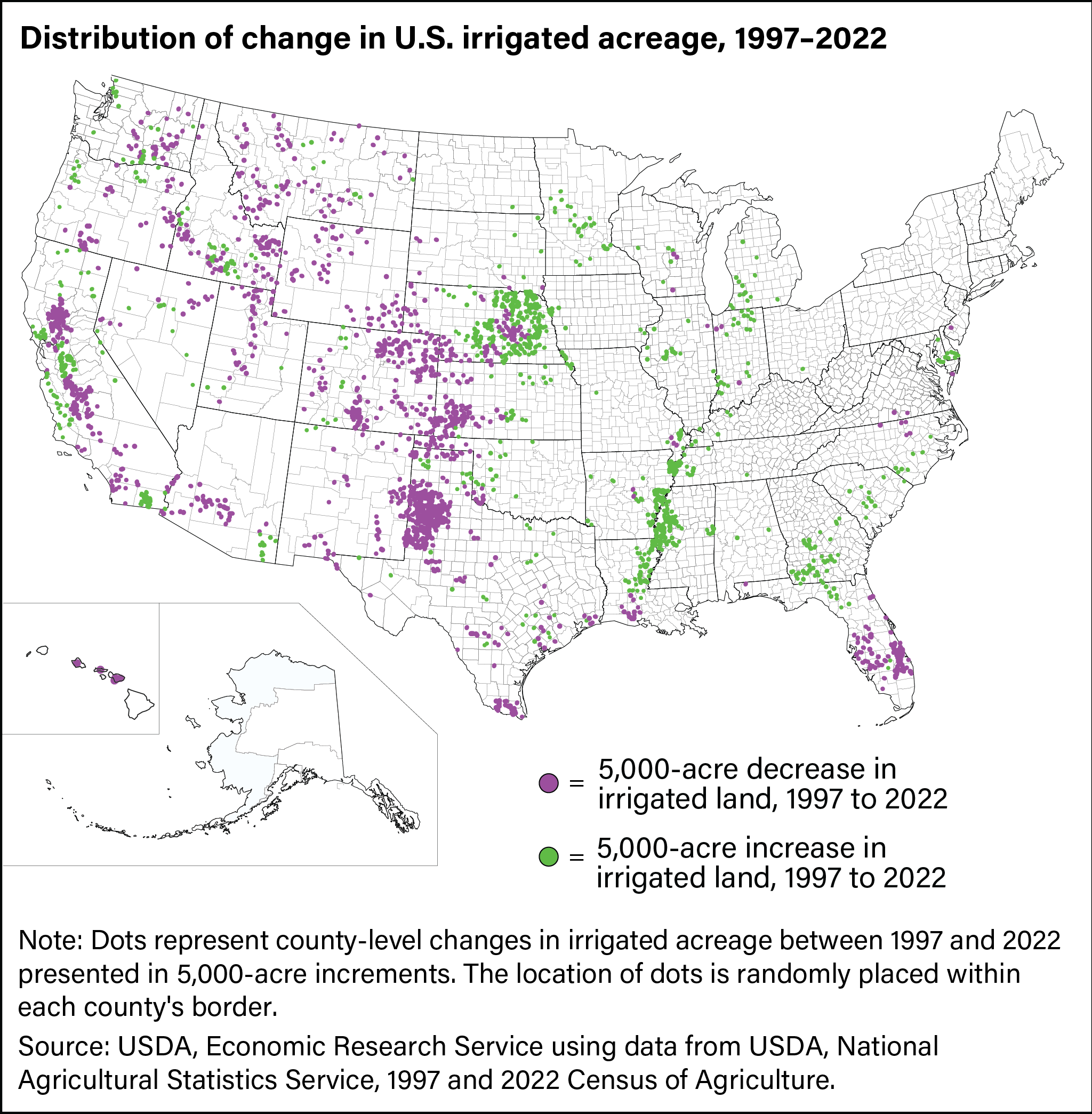 Map showing distribution of change in U.S. irrigated acreage, 1997 to 2022