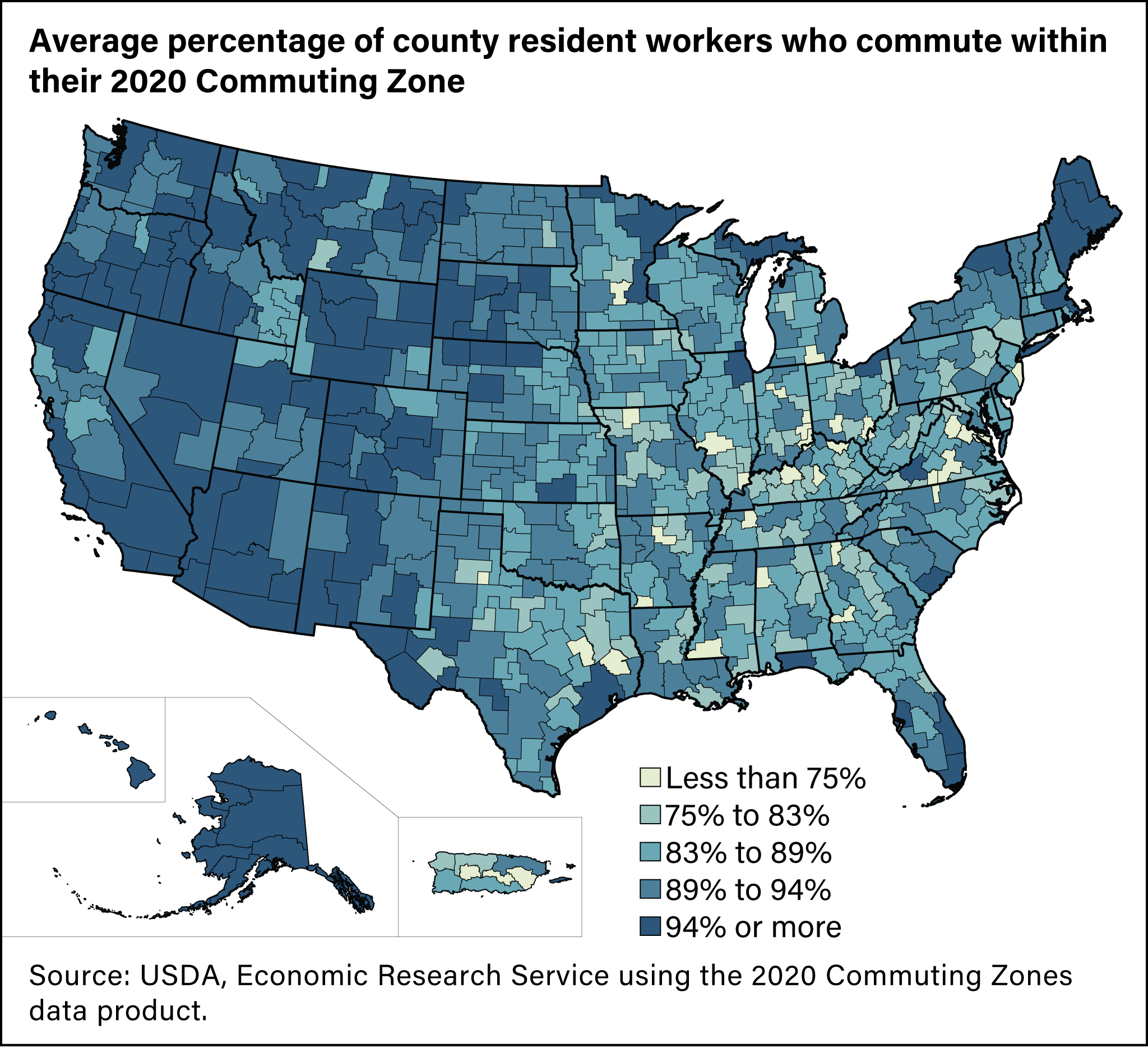 Map showing average county containment within each of the 2020 Commuting Zones.