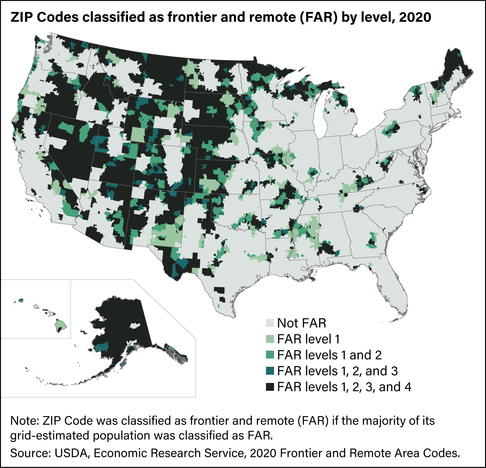 Map showing the ZIP Codes classified as frontier and remote (FAR) by level for data from 2020