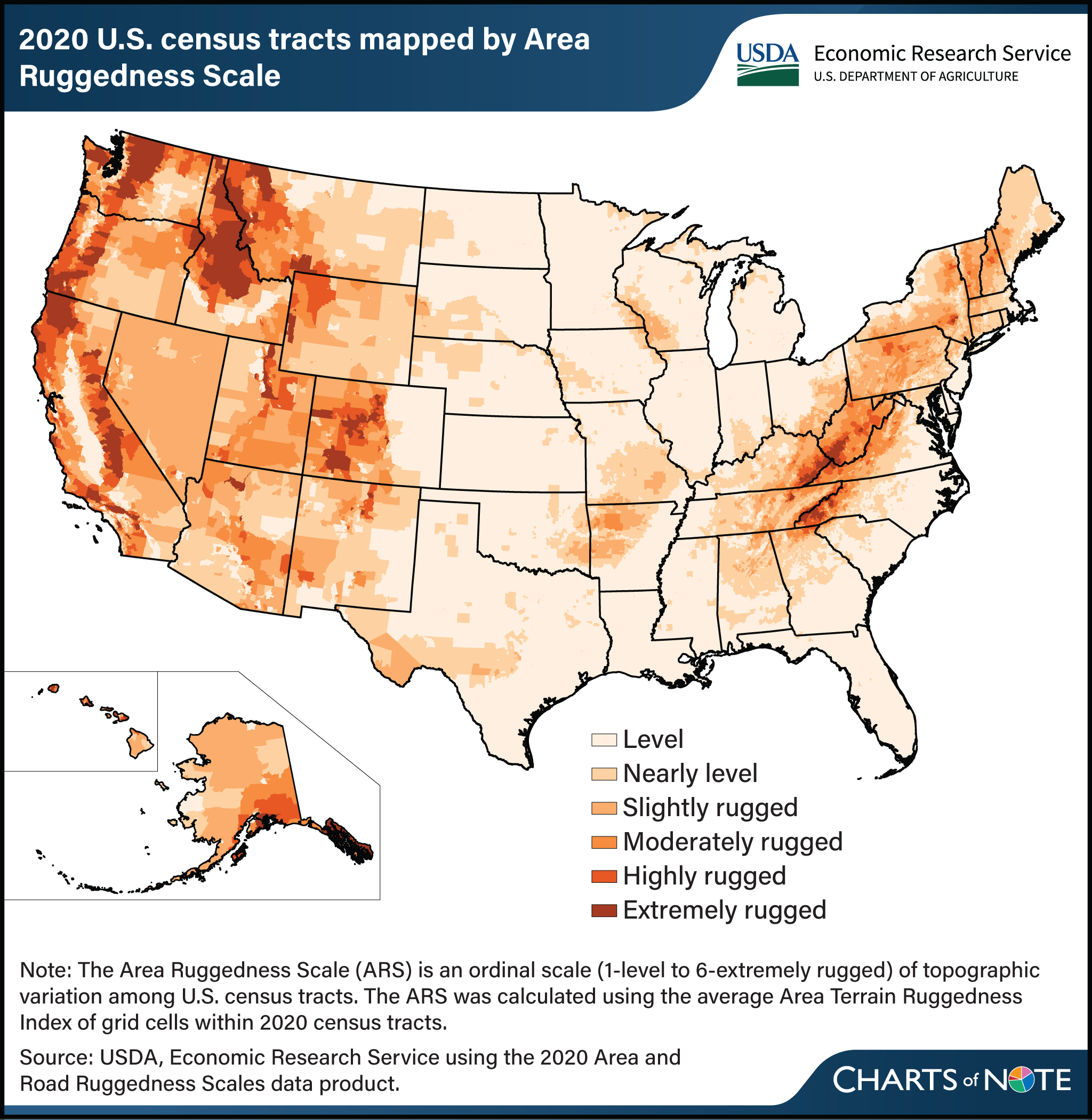 Map of the United States with 2020 census tracts color coded by Area Ruggedness Scale.