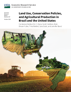 Outlines of the United States and Brazil, filled in with pictures of different land use types. A tractor in a field is in the background.