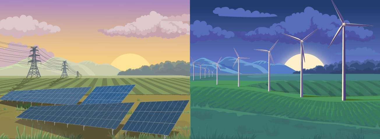 Illustration of solar panels and wind turbines on farms.