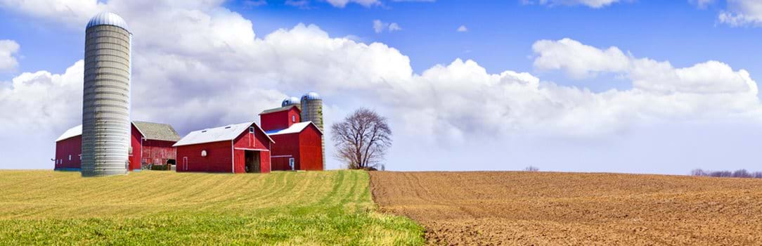 Barn, silo, and farm field scene