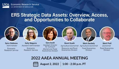 ERS Strategic Data Assets: Overview, Access, and Opportunities to Collaborate. Pictures of Spiro Stefanou, Kelly Maguire, Sara Scott, Brent Hueth, Mark Denbaly and Mark Prell. 2022 AAEA Annual Meeting. August 2, 2022 at 1-2:30 p.m. PT