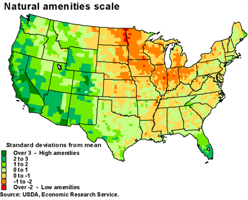 A map shows the ERS natural amenities scale for the United States