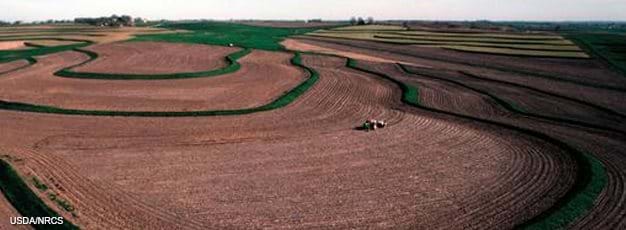 Terraces and no-till farming work to control erosion on a farm in Montgomery County, Iowa. 