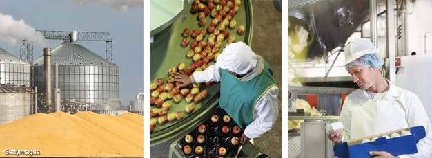 Photo collage of an ethanol plant, apple processing factory, and butter factory