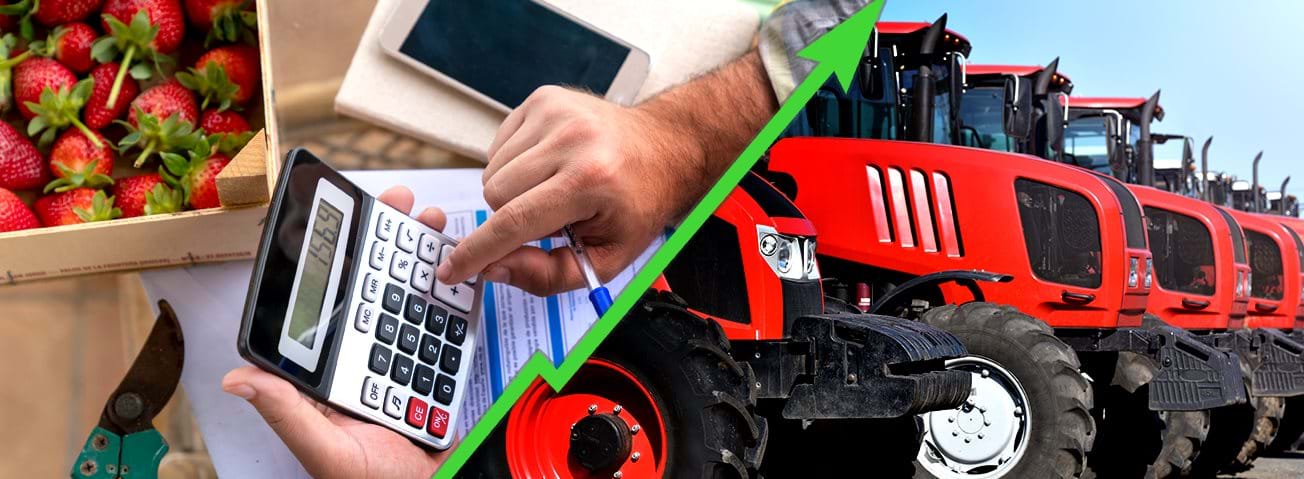 Combination of photos of farmer with calculator and new farm equipment