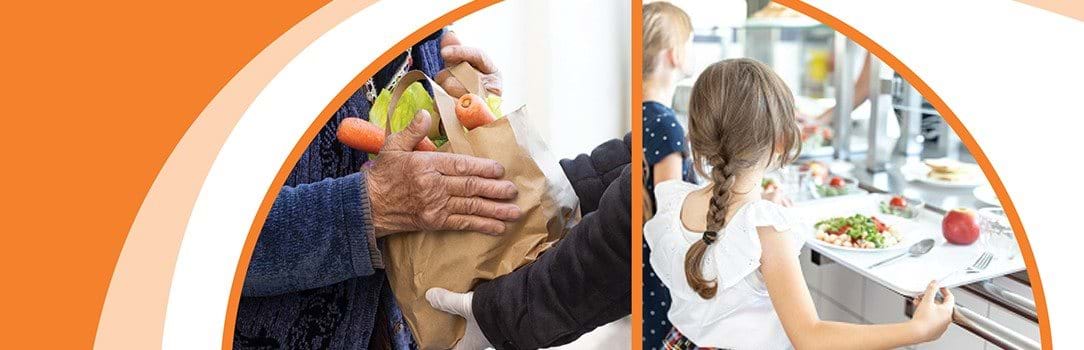 Photos showing a bag of groceries being handed from one person to another and person placing food on a tray in a cafeteria. 