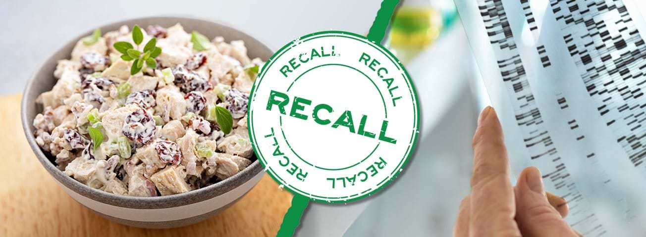 Three images of bowl of chicken salad, recall label, data set