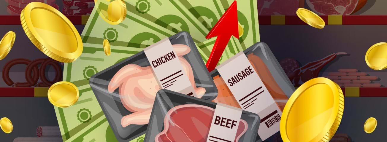 Graphic illustration showing packaged meat, dollars, and coins