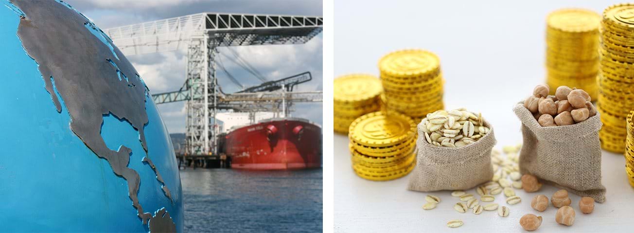 Globe and shipping boat picture combined with bags of goods and coins