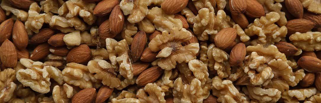 Close-up image of shelled walnuts and almonds mixed together