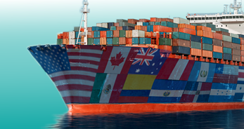 Photo image in which flags of U.S. free trade agreement partners are superimposed on a container ship. 