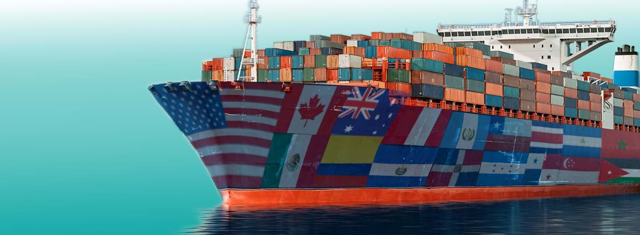 Photo image in which flags of U.S. free trade agreement partners are superimposed on a container ship. 
