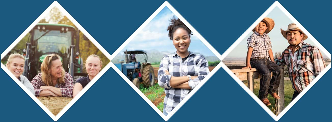 Triptych of photos depicting female, Asian, and Hispanic farmers.