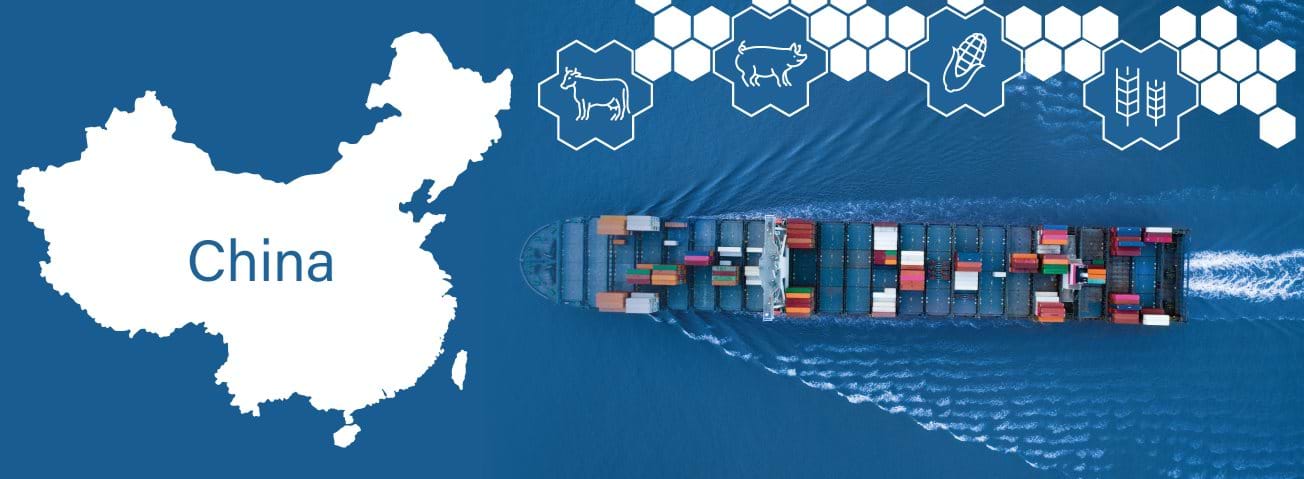 Graphic design showing map of China and container ship moving toward it