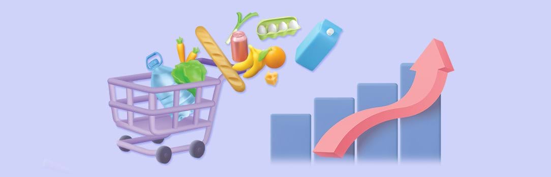 Decorative image of a shopping cart, groceries, and bar graph.