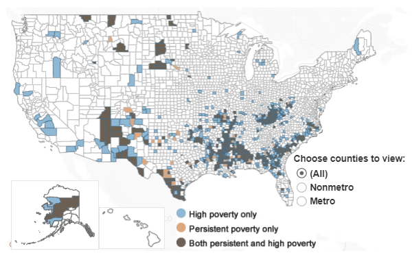 thumbnail Persistent poverty (2015 ERS county type) and high poverty (2015-19 ACS average) U.S. counties