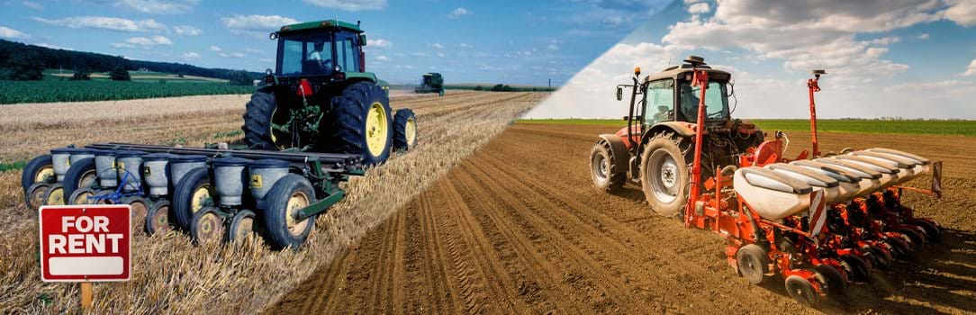 Photo illustration of combines in two farm fields, one field with a "For Rent" sign.