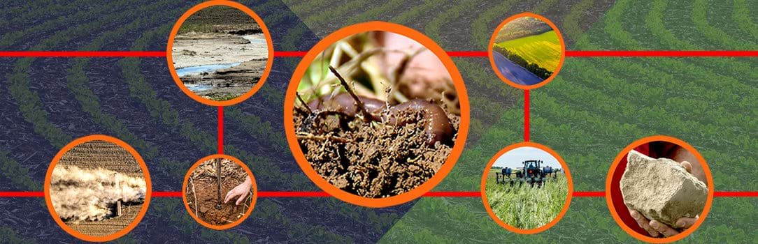 Photo collage featuring pictures of a field being tilled, a dry river bed, soil, and earthworm, green tractor, rock in a person's hand, and aerial view of a crop field.