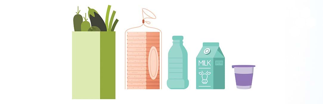 Graphic illustration showing a grocery bag full of vegetables, bread, milk, and other food items.