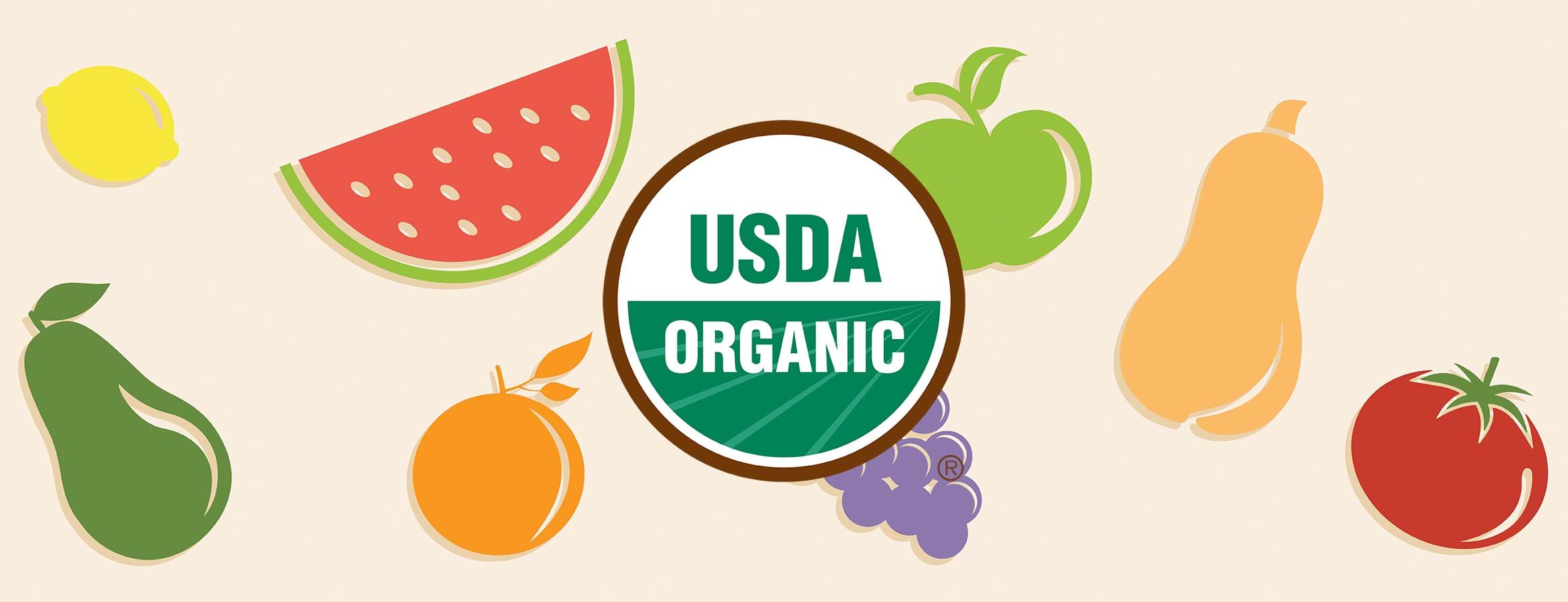Illustration of fruits and vegetables with USDA Organic logo in the foreground.