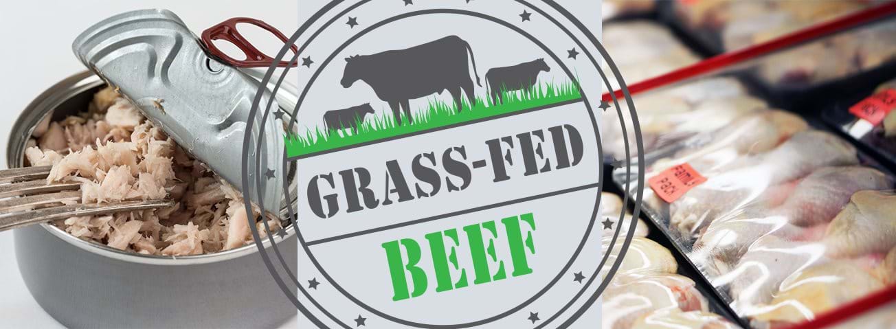 Composite graphic showing Grass-fed Beef label, can of tuna, packaged chicken