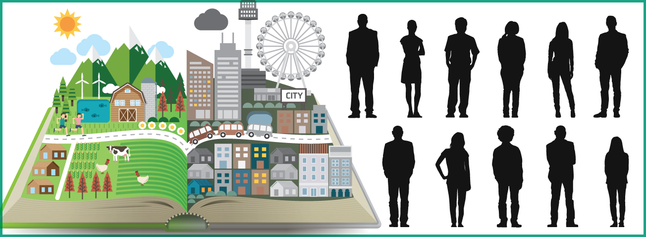 Graphic of an open book with a rural setting on the left page and a city setting on the right, with eleven human silhouettes standing off to the side.