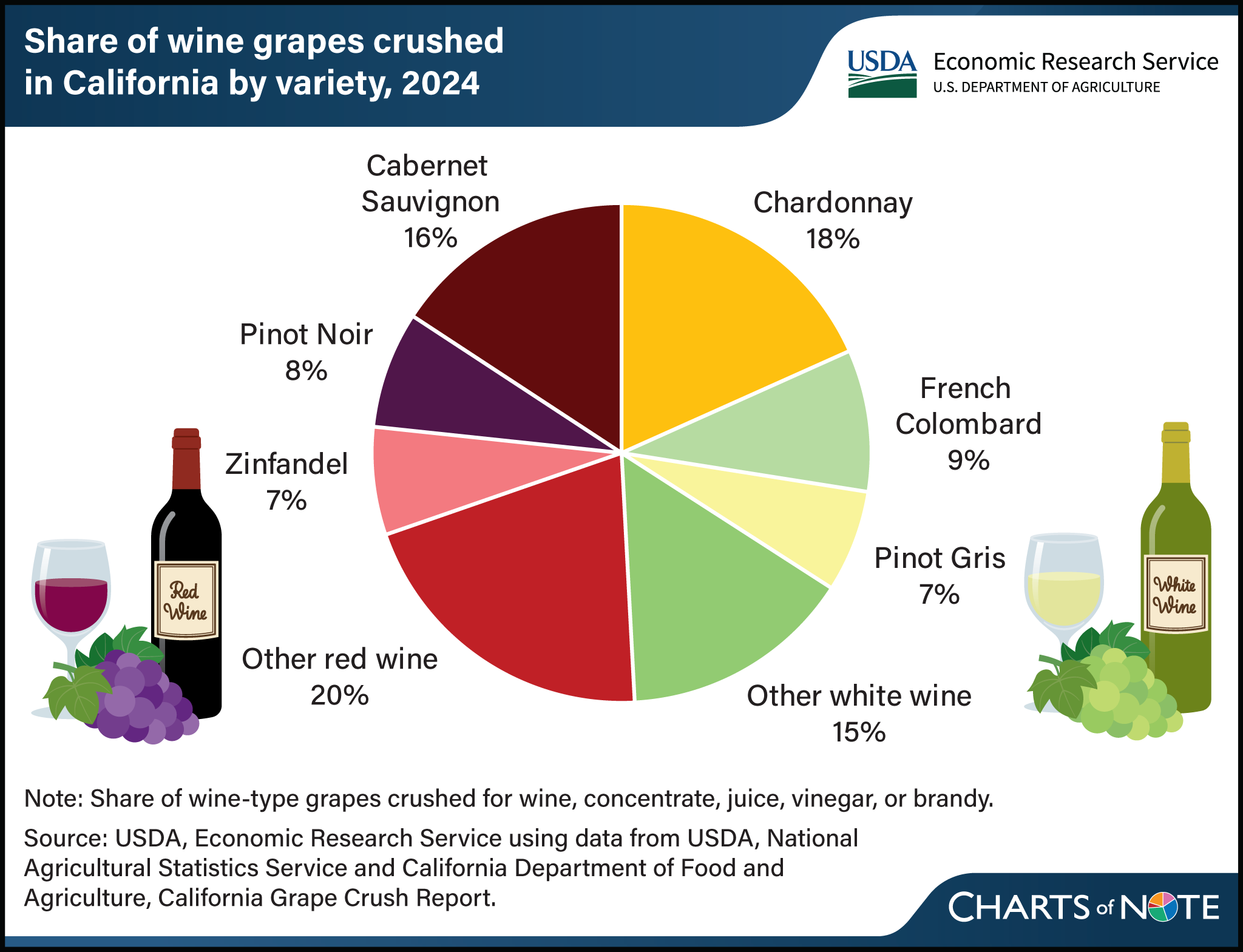 Pie chart showing the share of wine grapes crushed in California by variety, 2024, with graphics of red and white wine next to it.