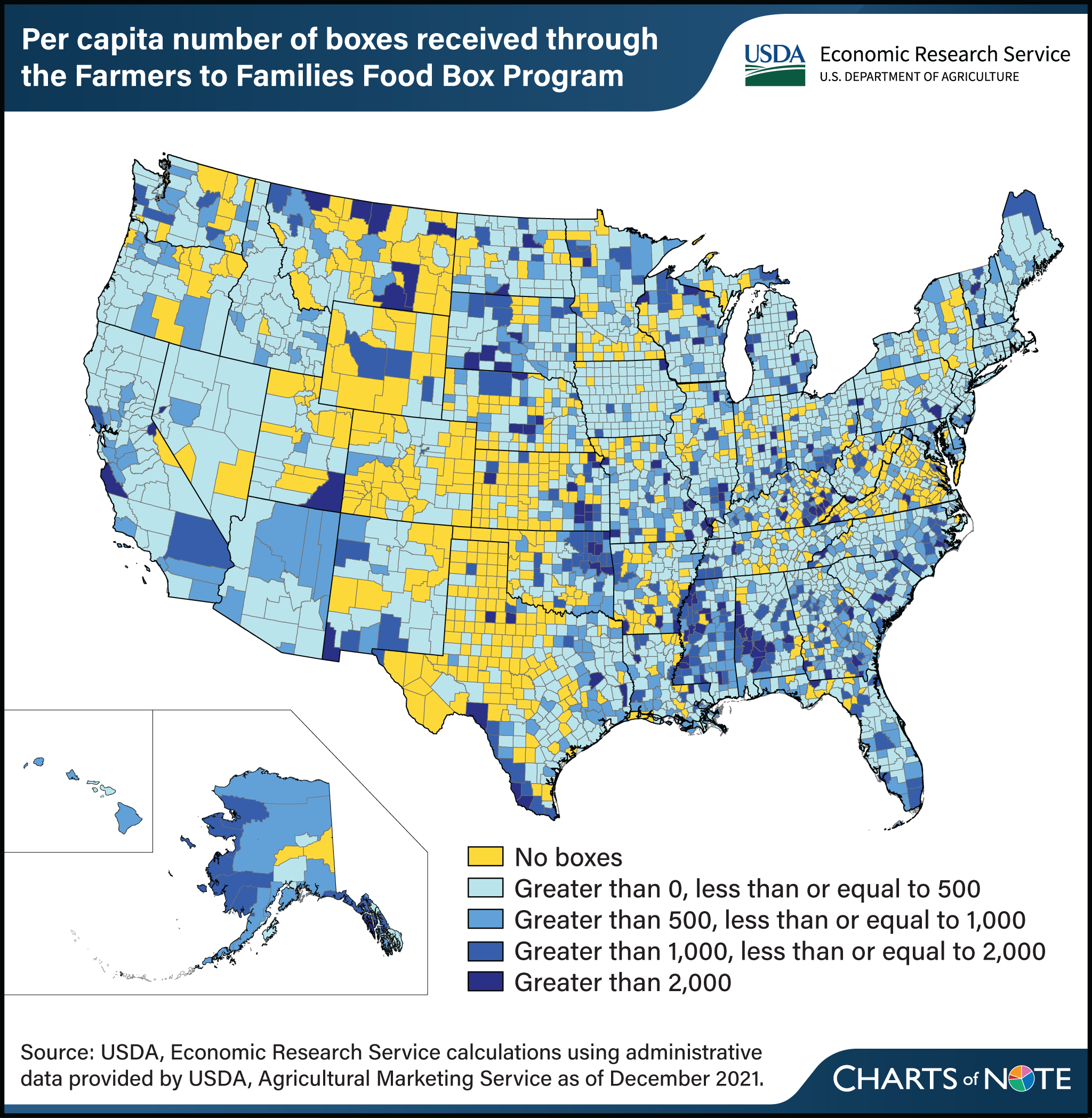 A county map of the United States colored by the per capita number of boxes received through the Farmers to Families Food Box Program.