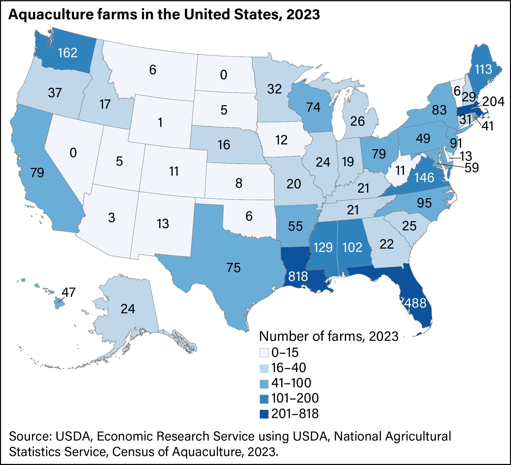 Map of the United States showing the number of aquaculture farms in each state in 2023 with the highest concentration of farms in coastal regions