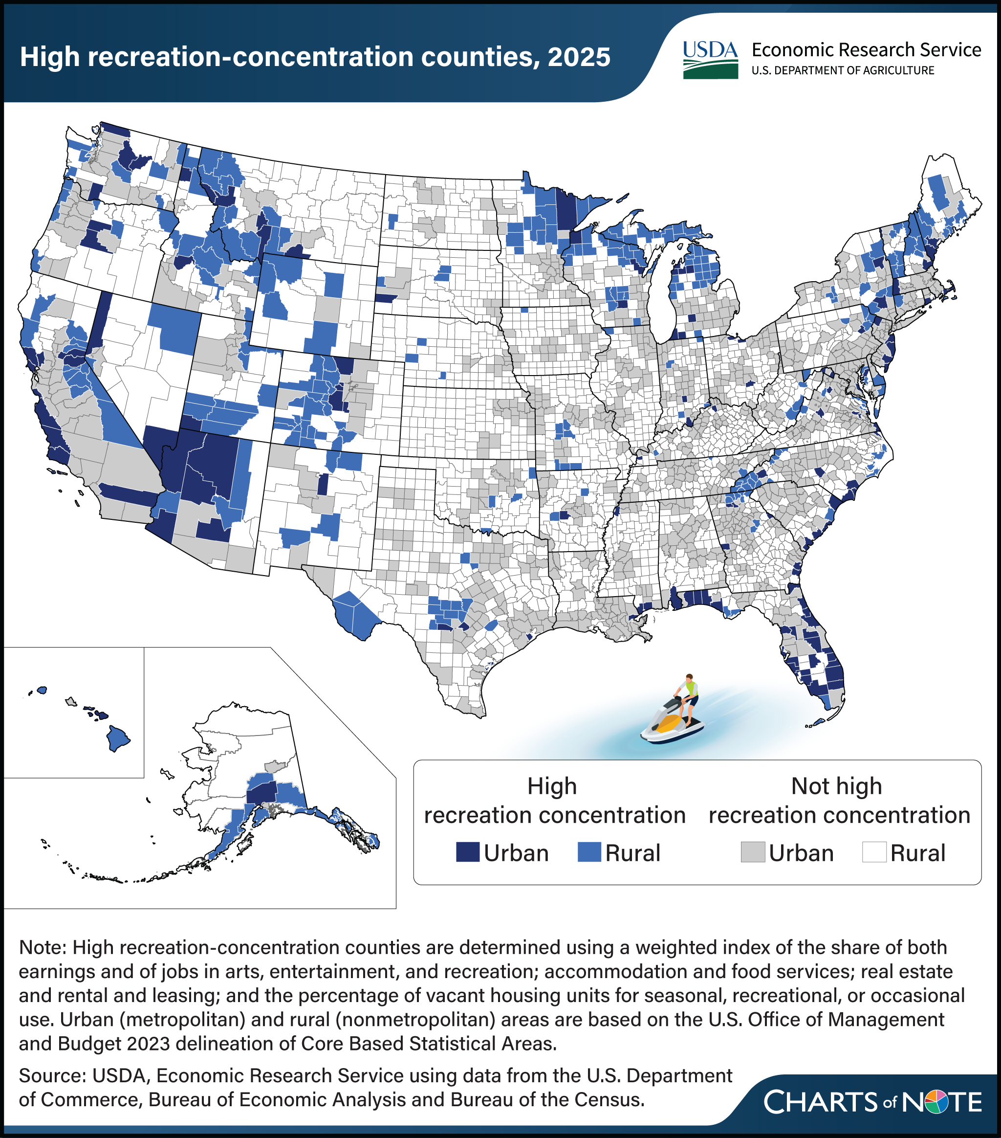A county map of the United States with counties identified by high recreation concentration (urban and rural) and not high recreation concentration (urban and rural).