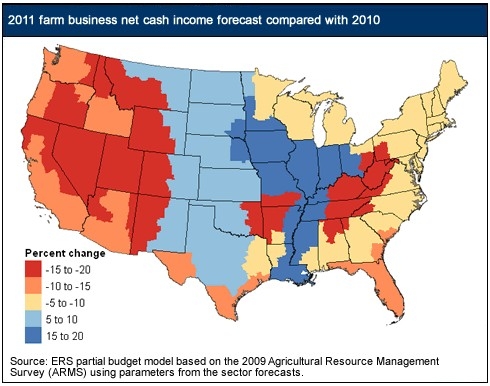 Map of the U.S. showing 2011 farm business net cash income forecast.