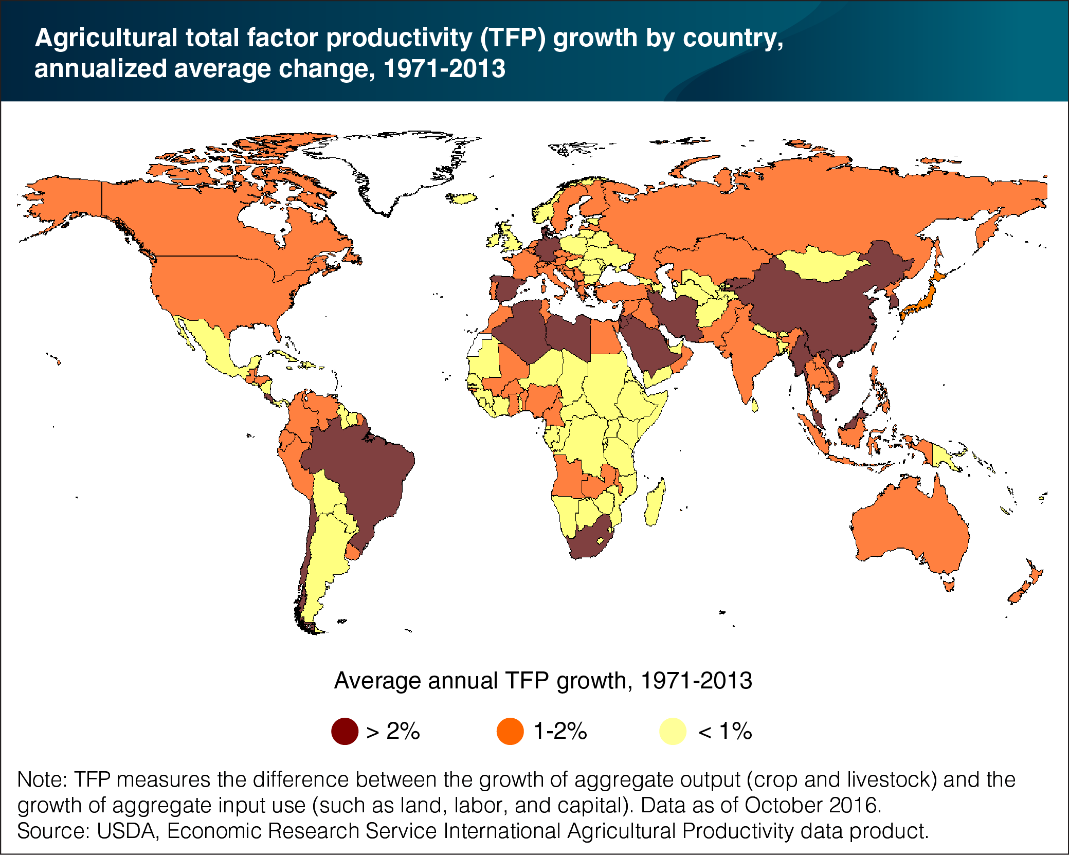 A map showing global agricultural productivity from 1971-2013.
